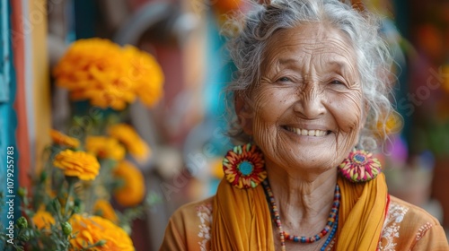 Against vibrant backgrounds, a dignified grandma's peaceful smile radiates with the serenity and fulfillment of a life well-lived