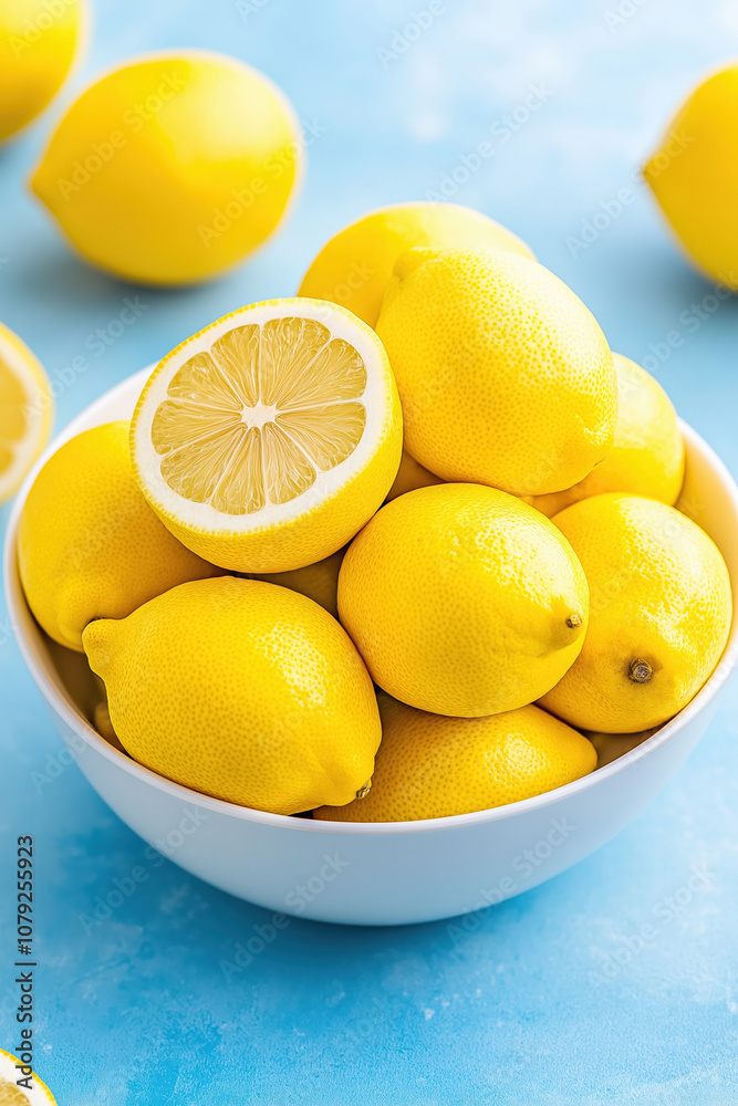 Freshly gathered lemons piled in a white bowl on a vibrant blue background Freshly gathered lemons piled in a white bowl on a vibrant blue background