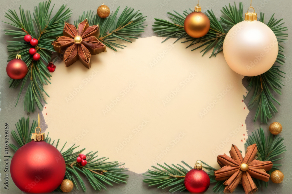 Elegant Christmas Background with Festive Border of Ornaments and Pine Branches.