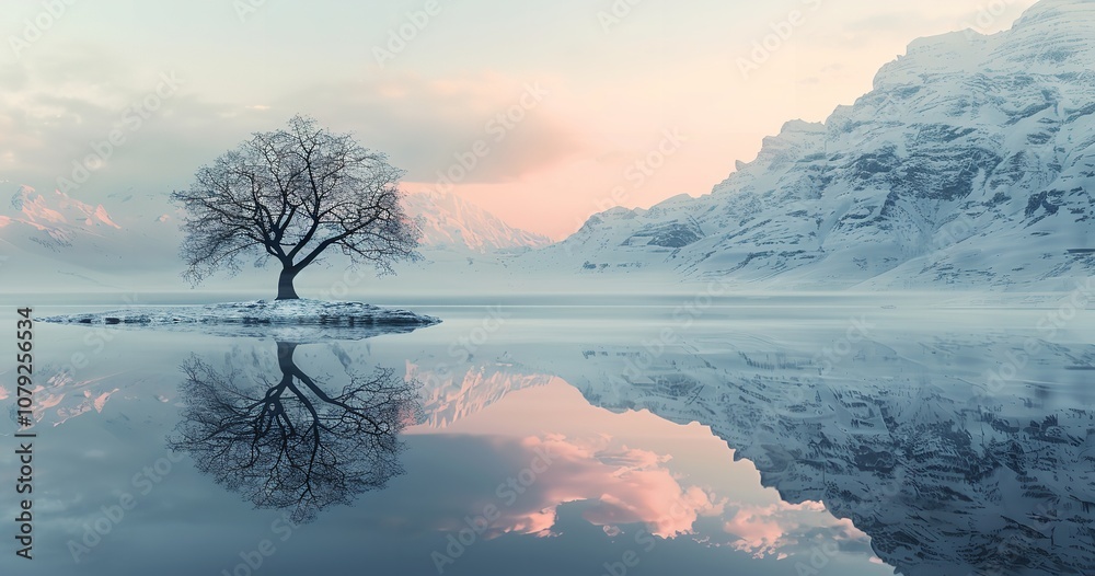 Sunrise view of mountains covered in snow and a lone tree reflecting on a serene lake, Generative AI. Sunrise view of mountains covered in snow and a lone tree reflecting on a serene lake, Generative AI.