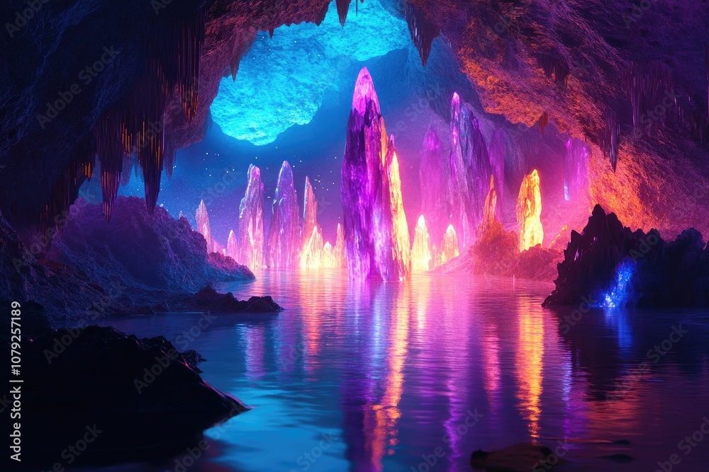 Fototapeta premium Dreamlike, multicolored crystal cave with a glowing lake, illuminated by neon light reflecting off the walls
