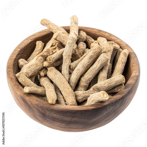 Kaempferia finger root Krachai Thai herb displayed in a wooden bowl showcasing traditional culinary use, Kaempferia finger root Krachai Thai herb in wood bowl isolated transparent background photo