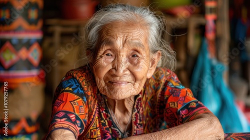 Against vibrant backgrounds, a dignified grandma's peaceful smile radiates with the serenity and fulfillment of a life well-lived