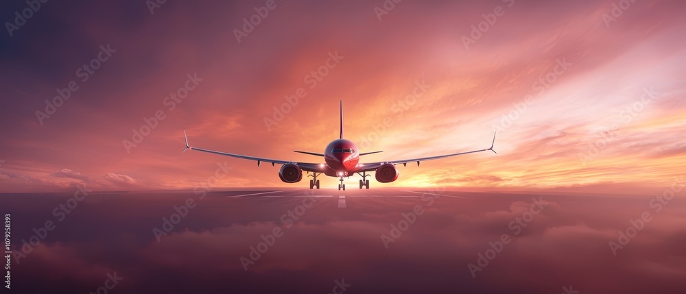 Naklejka premium A large passenger jet flying through a cloudy sky at sunset