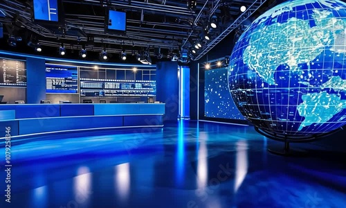 Blue Lit Studio with a Globe and a Curved Desk photo