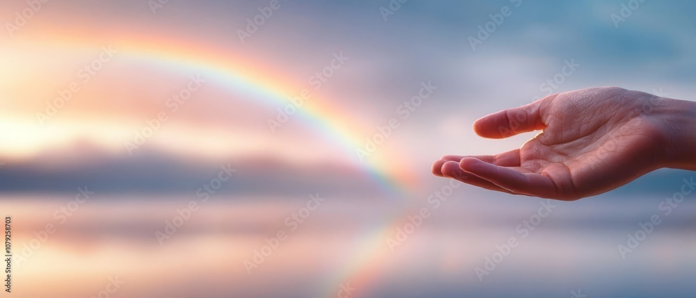 A person's hand holding a rainbow in the sky A person's hand holding a rainbow in the sky