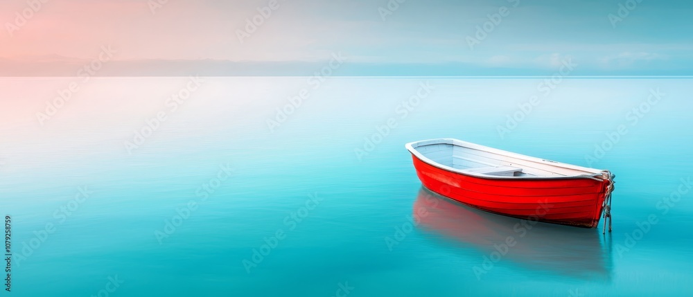 A red boat floating on top of a body of water A red boat floating on top of a body of water