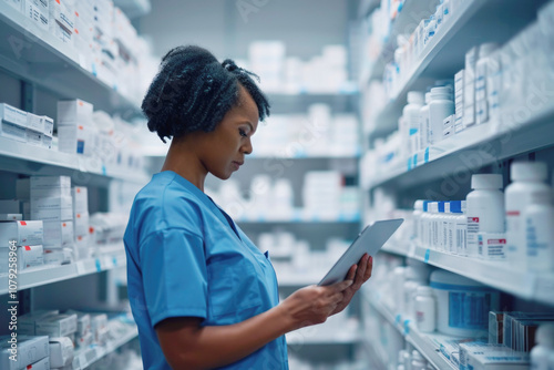 Pharmacist holding computer tablet Using for filling prescription in pharmacy drugstore.