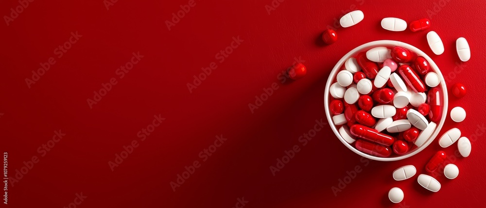 A bowl full of red and white pills on a red background A bowl full of red and white pills on a red background