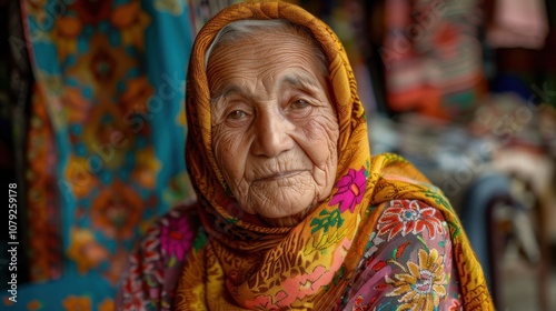 Against vibrant backgrounds, a dignified grandma's peaceful smile radiates with the serenity and fulfillment of a life well-lived