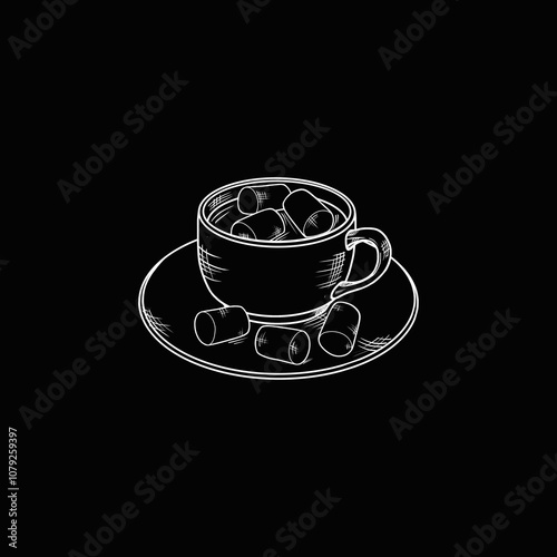Line art style illustration white drawing of a cup with a hot drink and marshmallows on a saucer. Sketch in the style of engraving on a black background, creating a cozy atmosphere.