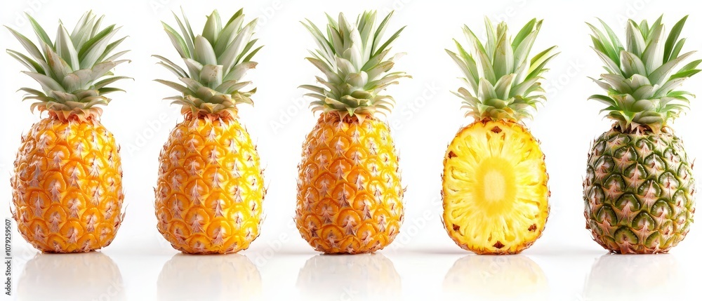 A group of pineapples standing next to each other on a white surface A group of pineapples standing next to each other on a white surface