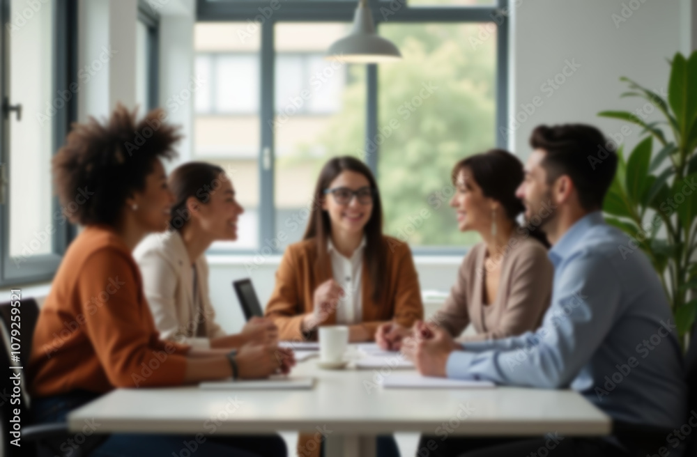 Blurred background of diverse business team collaborating in meeting Blurred background of diverse business team collaborating in meeting