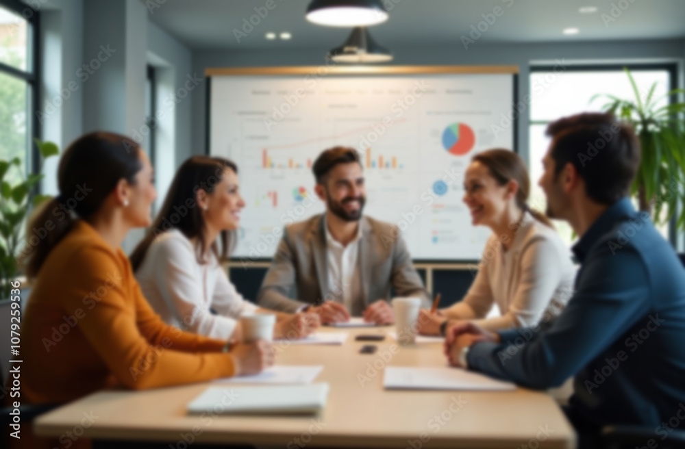 Blurred background of diverse business team collaborating in meeting Blurred background of diverse business team collaborating in meeting