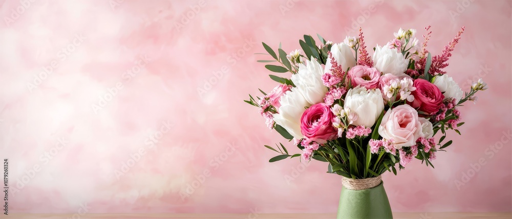 A vase filled with pink and white flowers on a table A vase filled with pink and white flowers on a table