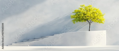 A lone tree sitting on top of a white wall next to stairs
