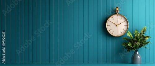 A clock on a wall next to a vase with a plant in it