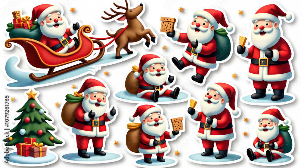Fototapeta premium Charming Santa Stickers Depicting His Joyous Journey Through the Winter Wonderland