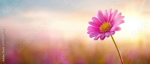 A single pink flower in the middle of a field