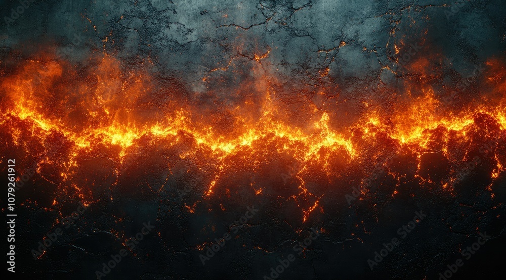 Fiery orange and yellow flames along a dark and cracked surface. Fiery orange and yellow flames along a dark and cracked surface.