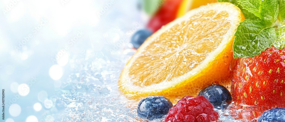 A close up of a bunch of fruit with water splashing on it A close up of a bunch of fruit with water splashing on it