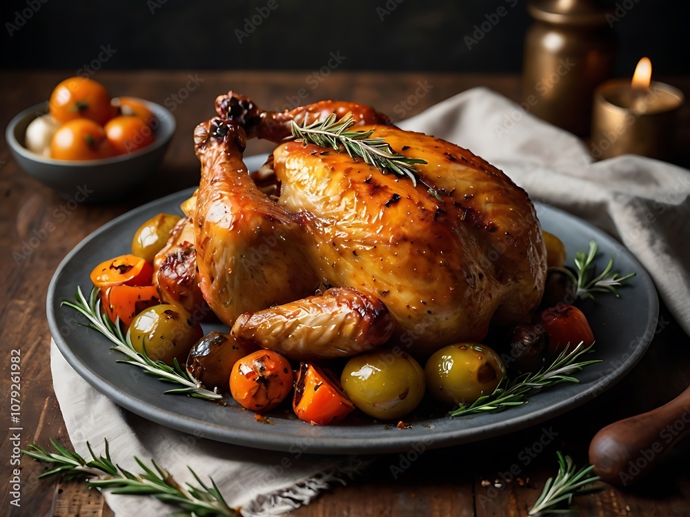 Roasted Chicken with Rosemary and Vegetables on a Plate