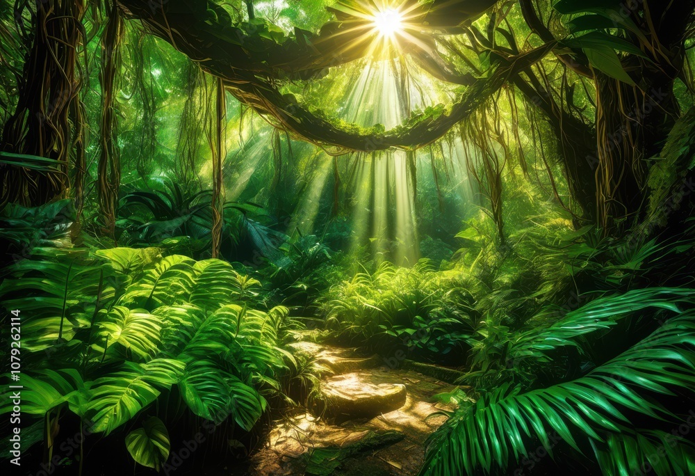 Fototapeta premium vibrant mystical jungle landscape rich lush enchanting natural elements perfectly captured all their glory, foliage, greenery, plants, vegetation