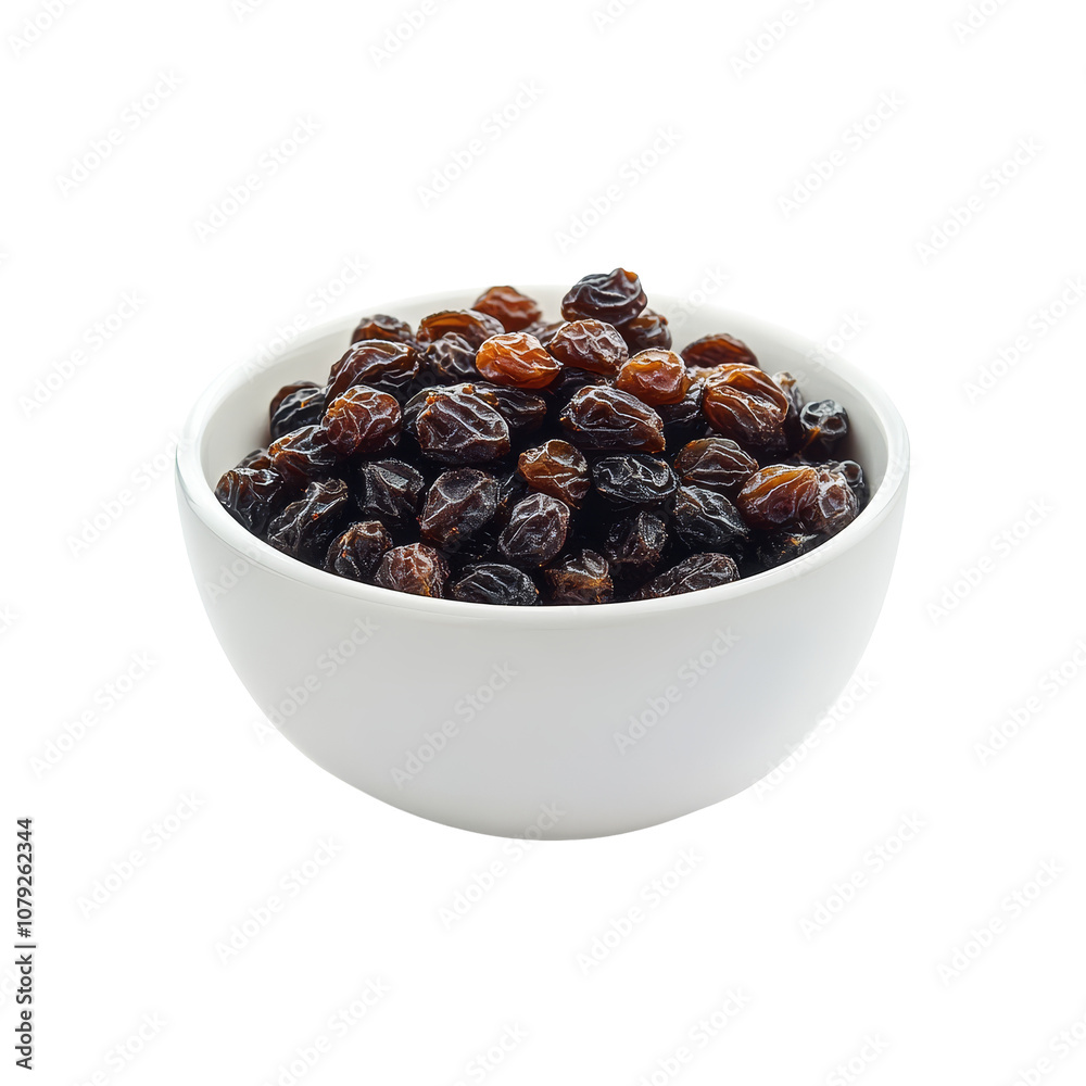 Fresh raisins in a transparent bowl, highlighting natural textures and colors against a crisp transparent background, raisin in the transparent bowl on transparent background Fresh raisins in a transparent bowl, highlighting natural textures and colors against a crisp transparent background, raisin in the transparent bowl on transparent background