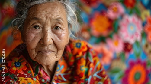 Against vibrant backgrounds, a dignified grandma's peaceful smile radiates with the serenity and fulfillment of a life well-lived