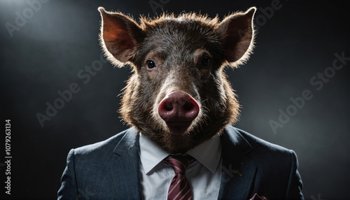 A pig wearing a suit and tie stares directly at the camera