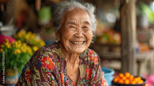 Against vibrant backgrounds, a dignified grandma's peaceful smile radiates with the serenity and fulfillment of a life well-lived