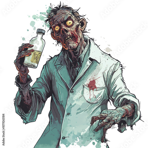 Zombie scientist holding a vial in a lab coat on a stark transparent background, evoking a chilling atmosphere, zombie scientist on transparent background photo