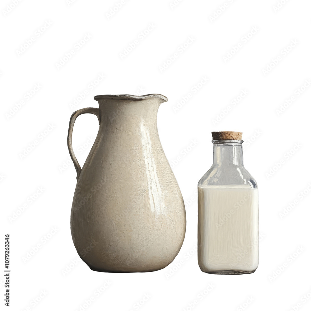 A rustic milk jug and a glass bottle of fresh milk set on a wooden table against a neutral backdrop, Milk in a jug and a bottle of milk A rustic milk jug and a glass bottle of fresh milk set on a wooden table against a neutral backdrop, Milk in a jug and a bottle of milk