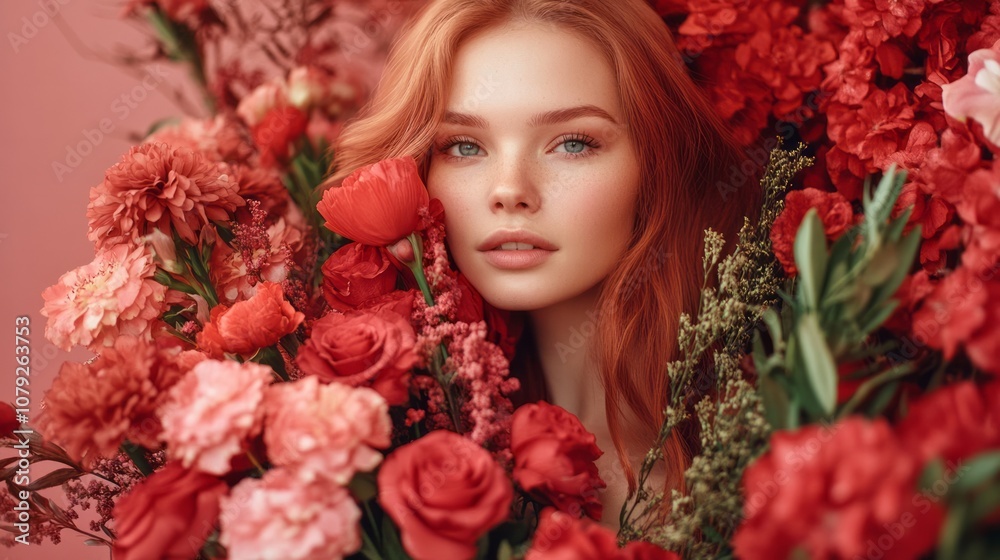 Young woman holding beautiful red flowers bouquet Young woman holding beautiful red flowers bouquet