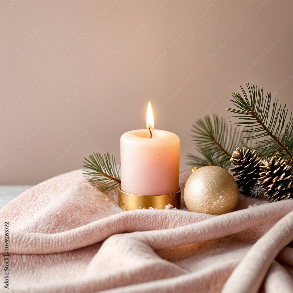 A warm candle arrangement featuring pine branches, a golden Christmas ornament, and soft beige fabric. The scene radiates cozy holiday vibes, perfect for winter-themed projects, festive promotions A warm candle arrangement featuring pine branches, a golden Christmas ornament, and soft beige fabric. The scene radiates cozy holiday vibes, perfect for winter-themed projects, festive promotions