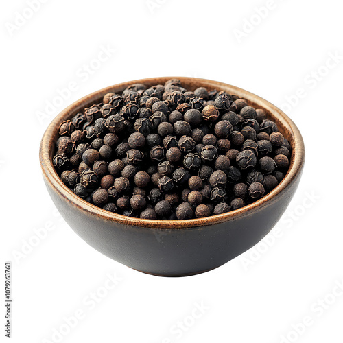 A bowl filled with black peppercorns on a clean transparent background offering culinary inspiration, black pepper in bowl on transparent background