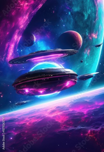 stunning futuristic spacecraft gliding elegantly through vivid cosmic nebula colorful celestial bodies dreamlike universe, adventure, air, atmospheric photo