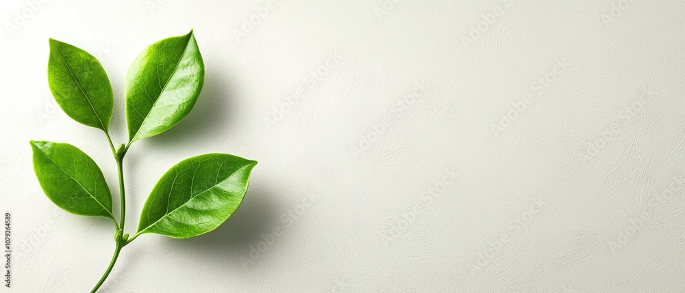 A green leaf on a white wall with copy space A green leaf on a white wall with copy space