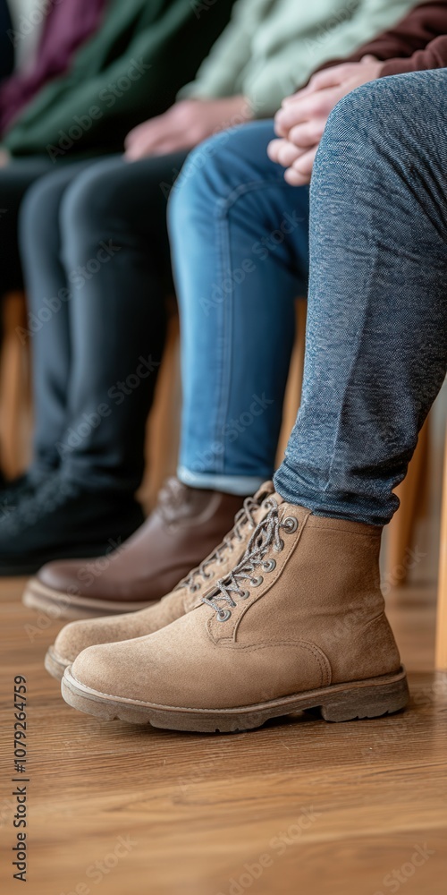 People wearing varied footwear while seated in a casual setting indoors People wearing varied footwear while seated in a casual setting indoors