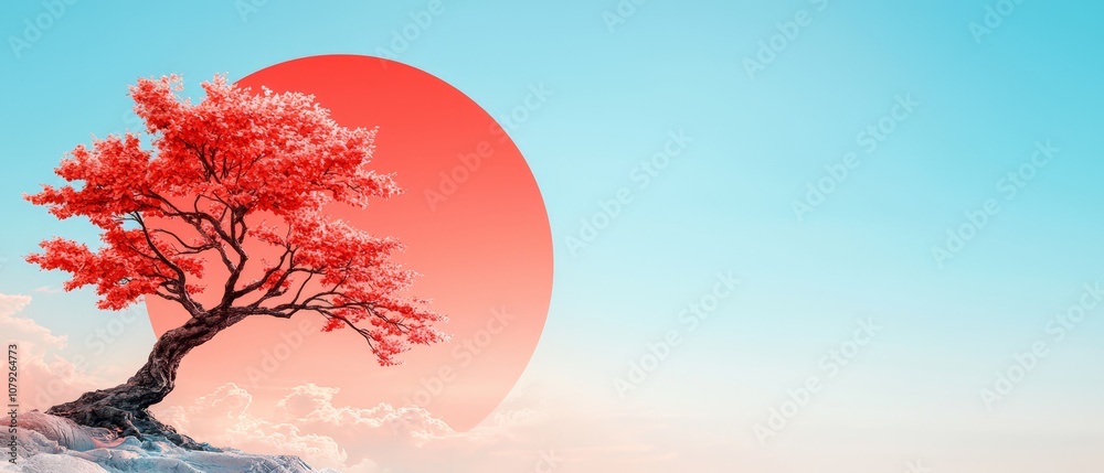 A lone tree on top of a mountain with a red sun in the background A lone tree on top of a mountain with a red sun in the background