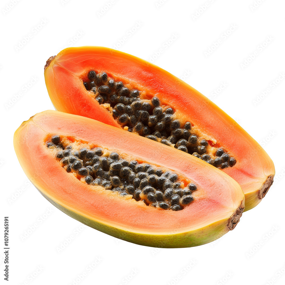 Ripe orange papaya cut in half showing black seeds on transparent background, Piece of ripe papaya fruit with seeds isolated on transparent background Ripe orange papaya cut in half showing black seeds on transparent background, Piece of ripe papaya fruit with seeds isolated on transparent background