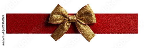 Golden ribbon and red bow christmas themed Isolated on transparent background, png. photo