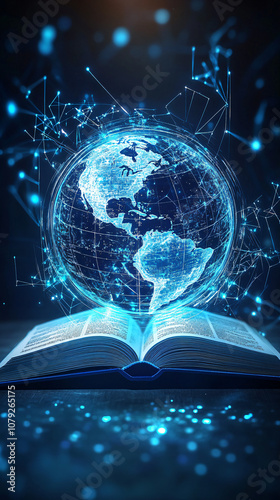 Fototapeta Naklejka Na Ścianę i Meble -  Planet earth hologram spinning over an open book, representing global learning, knowledge, and access to information