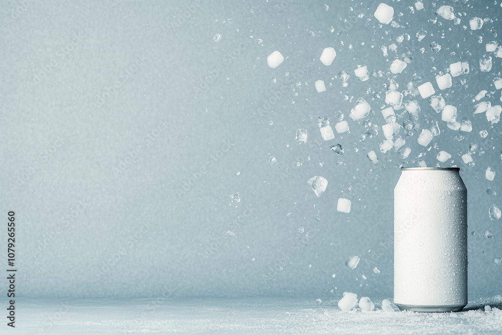 Minimalistic White Soda Can with Falling Ice Cubes on Cool Blue Background Minimalistic White Soda Can with Falling Ice Cubes on Cool Blue Background