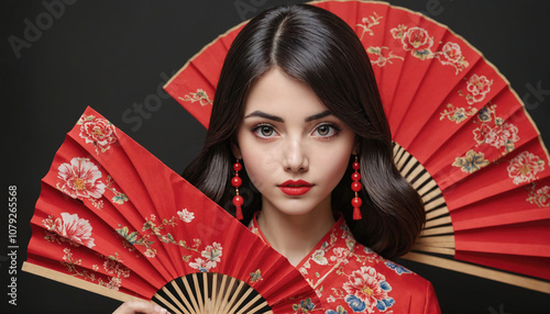 A woman with long black hair poses with two red folding fans against a black background photo