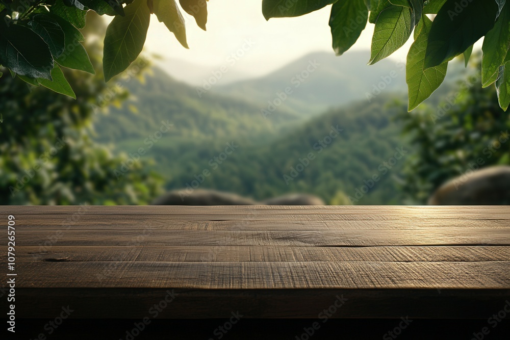 Lush green landscape view from a wooden table in the early morning Lush green landscape view from a wooden table in the early morning