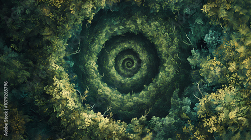 Aerial view of a spiral-shaped forest. Organic. Illustration photo