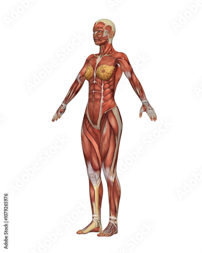  Female Muscular System Anatomy. Detailed Human Body Model Isolated on White Background.