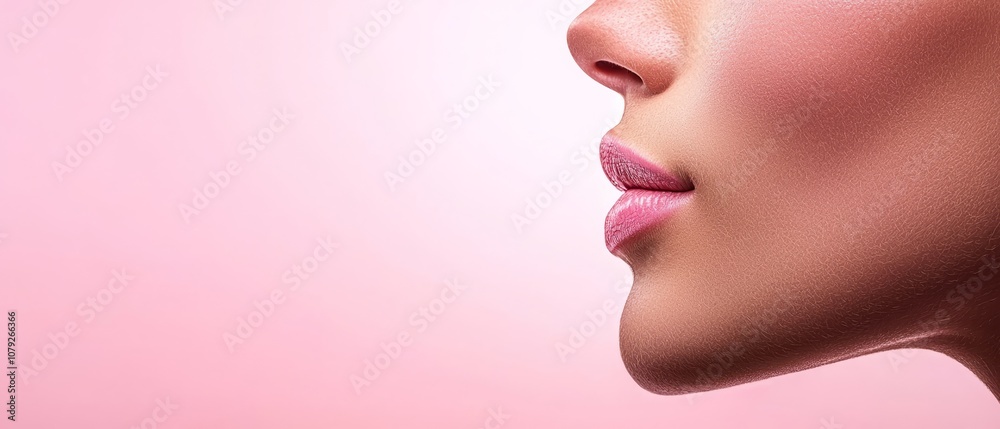 A close up of a woman's face with a pink background A close up of a woman's face with a pink background