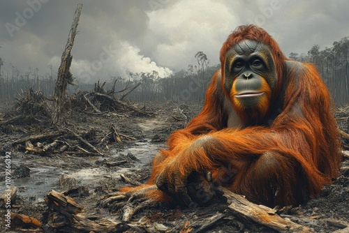 Dramatic Photo-Realistic Scene of an Orangutan in a Deforested Landscape – Symbolizing Environmental Destruction

 photo